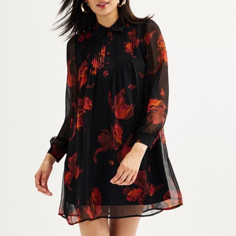 NINE WEST Pintuck Mini Dress Long Sleeve 1/4 Button Black Orange Floral Womens L